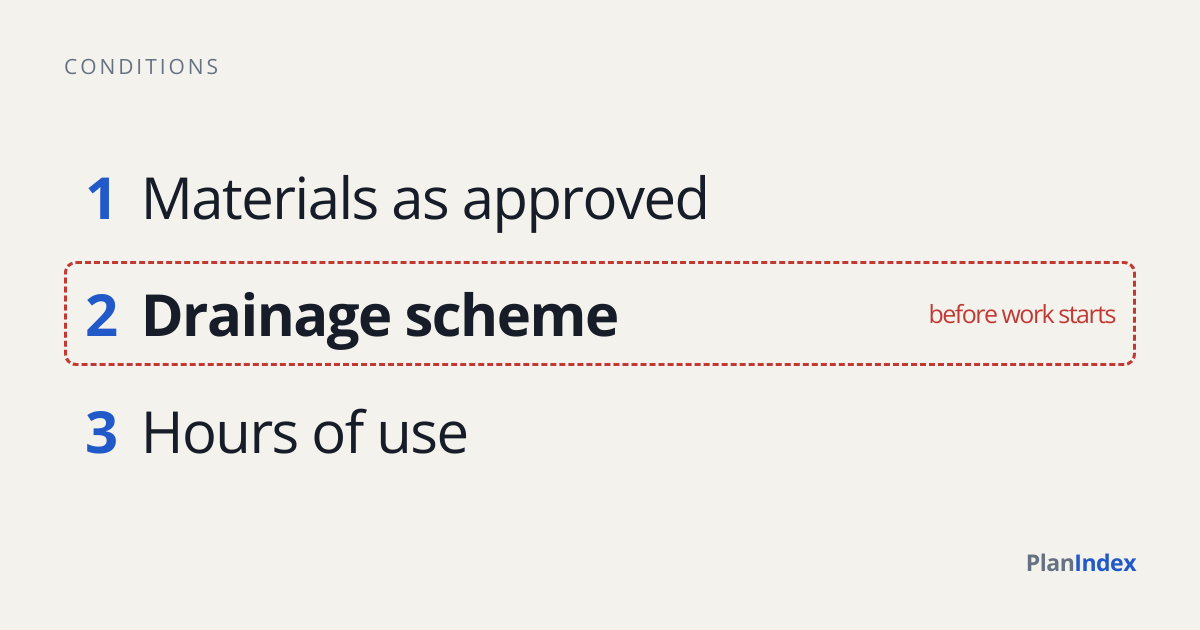 Numbered conditions on a decision notice, with a pre-commencement drainage condition ringed as one that must be discharged before work starts.